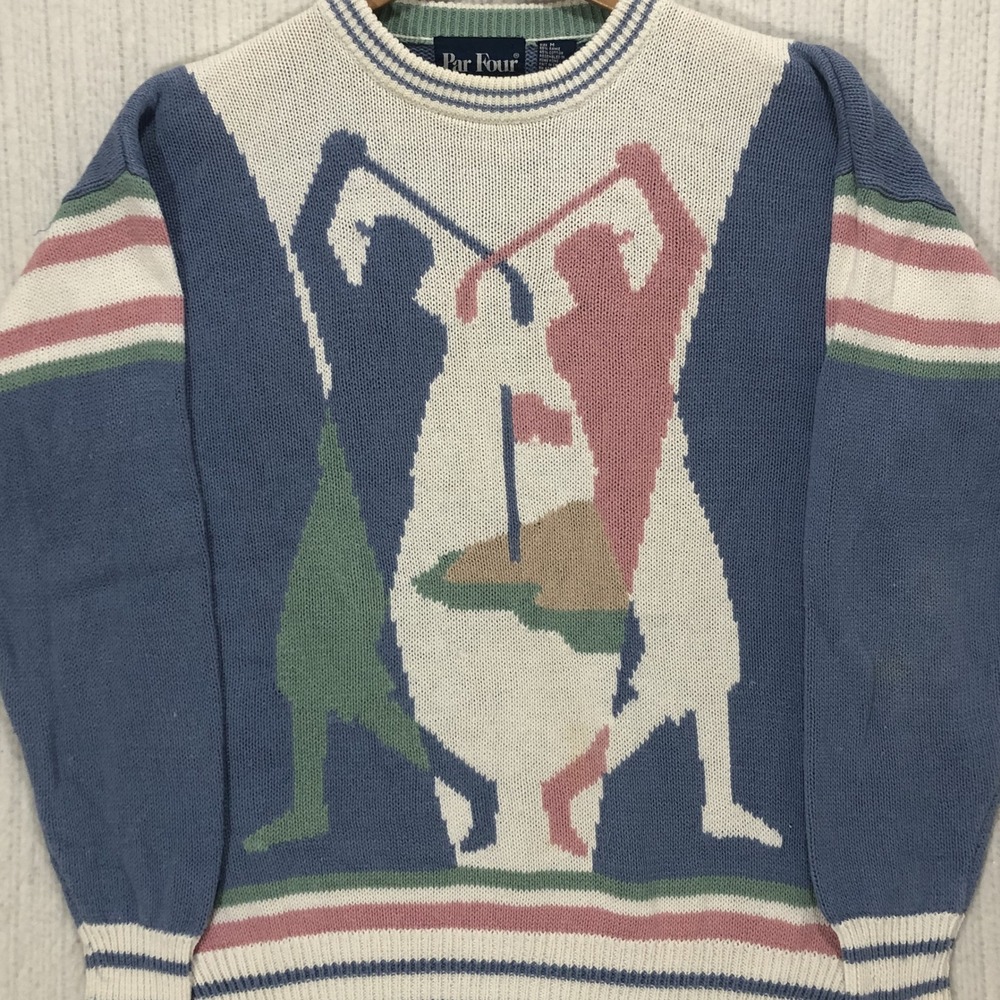 Vintage Par Four Mens Golf Graphic Knit Sweater Blue Medium Ramie Cotton Blend